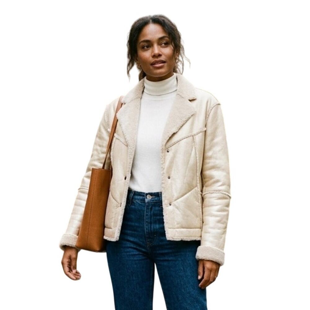 Strenesse Blue Aviator Jacket Size 40 or 10 Gold Cream Genuine Leather Lambskin